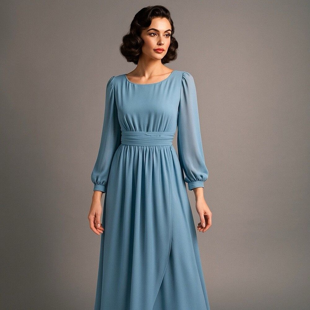 Vintage Dress 10 Blue Chiffon Miss Elliette Old Hollywood 60s Glam Modest Silky